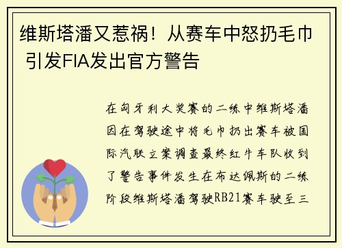 维斯塔潘又惹祸！从赛车中怒扔毛巾 引发FIA发出官方警告